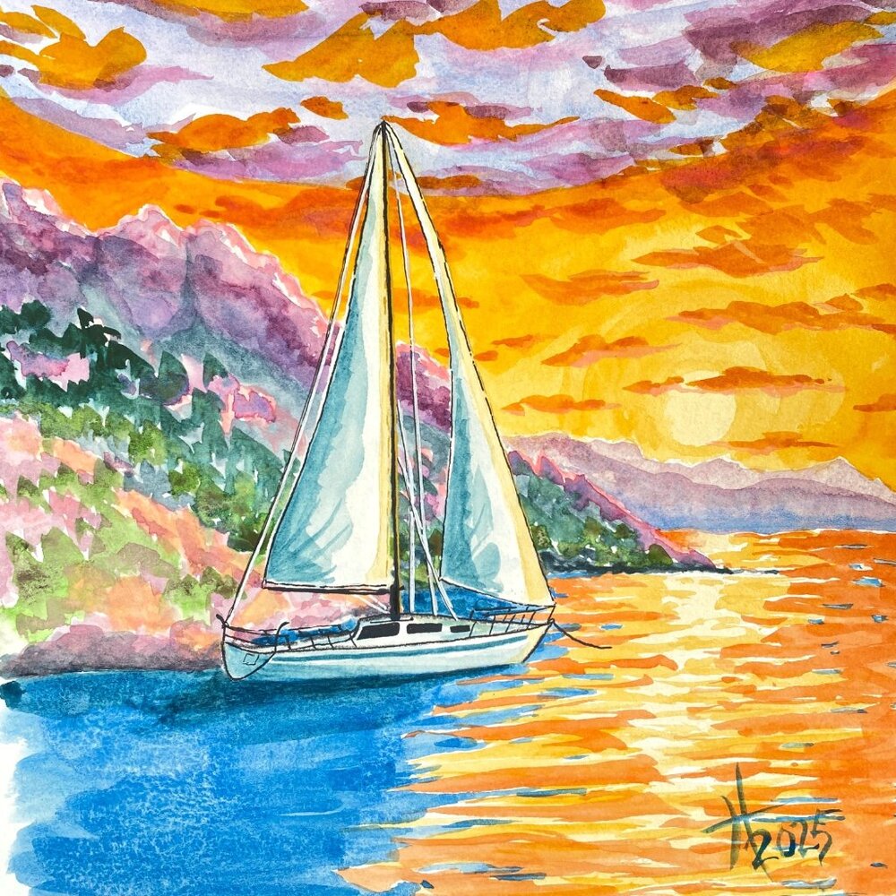 Evening Glow2 Original Art Colorful Sailboat Landscape Watercolor Painting 11x14